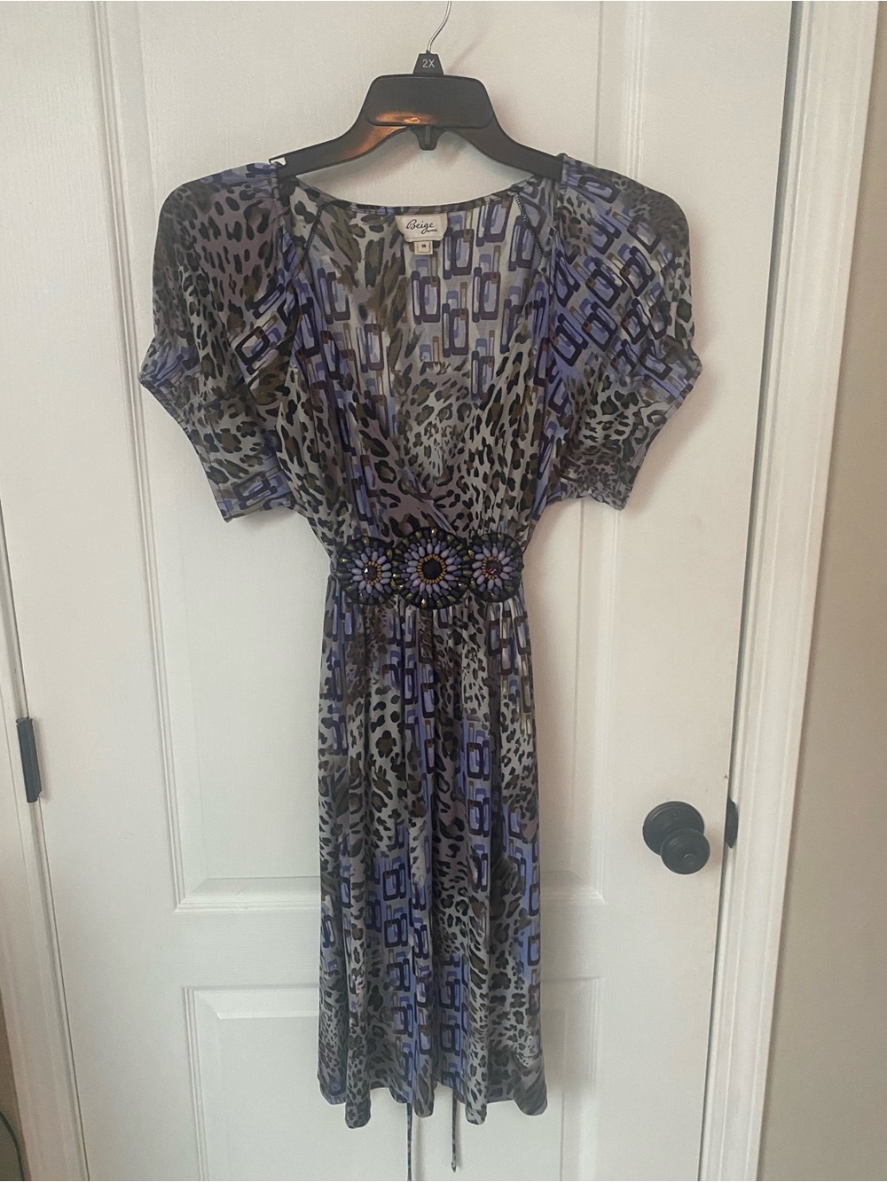 Beige by eci Purple and Gray Patterned Midi Dress with Beaded Waist